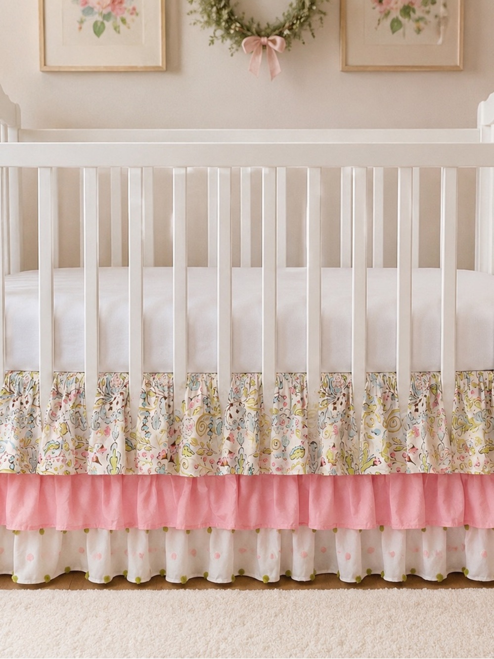 Floral & Pink Ruffle Crib Skirt by Carousel made in USA